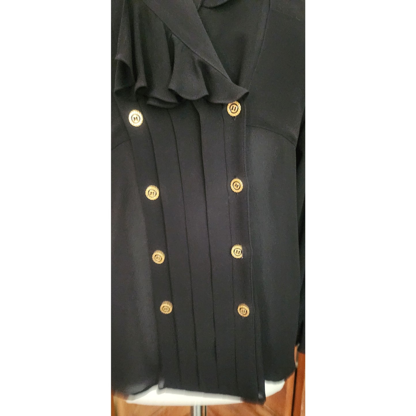Vintage 80s Karl Lagerfeld Blouse Black Silk Ruffled Front Poet Shirt Semi-Sheer