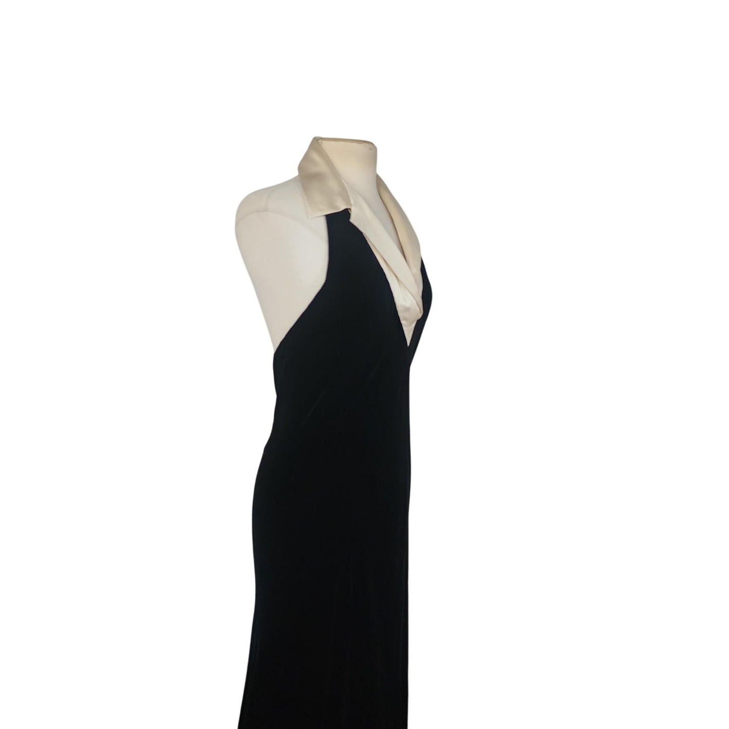 Vintage 1990s Ralph Lauren Evening Dress Black Velvet Halter Top Cream Silk Collar