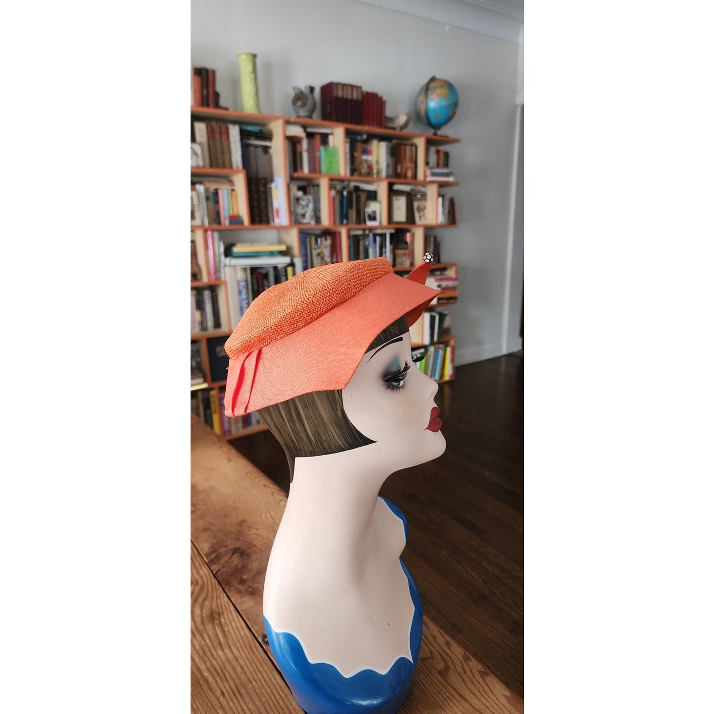 Vintage 50s Orange Straw Cocktail Hat Rhinestones
