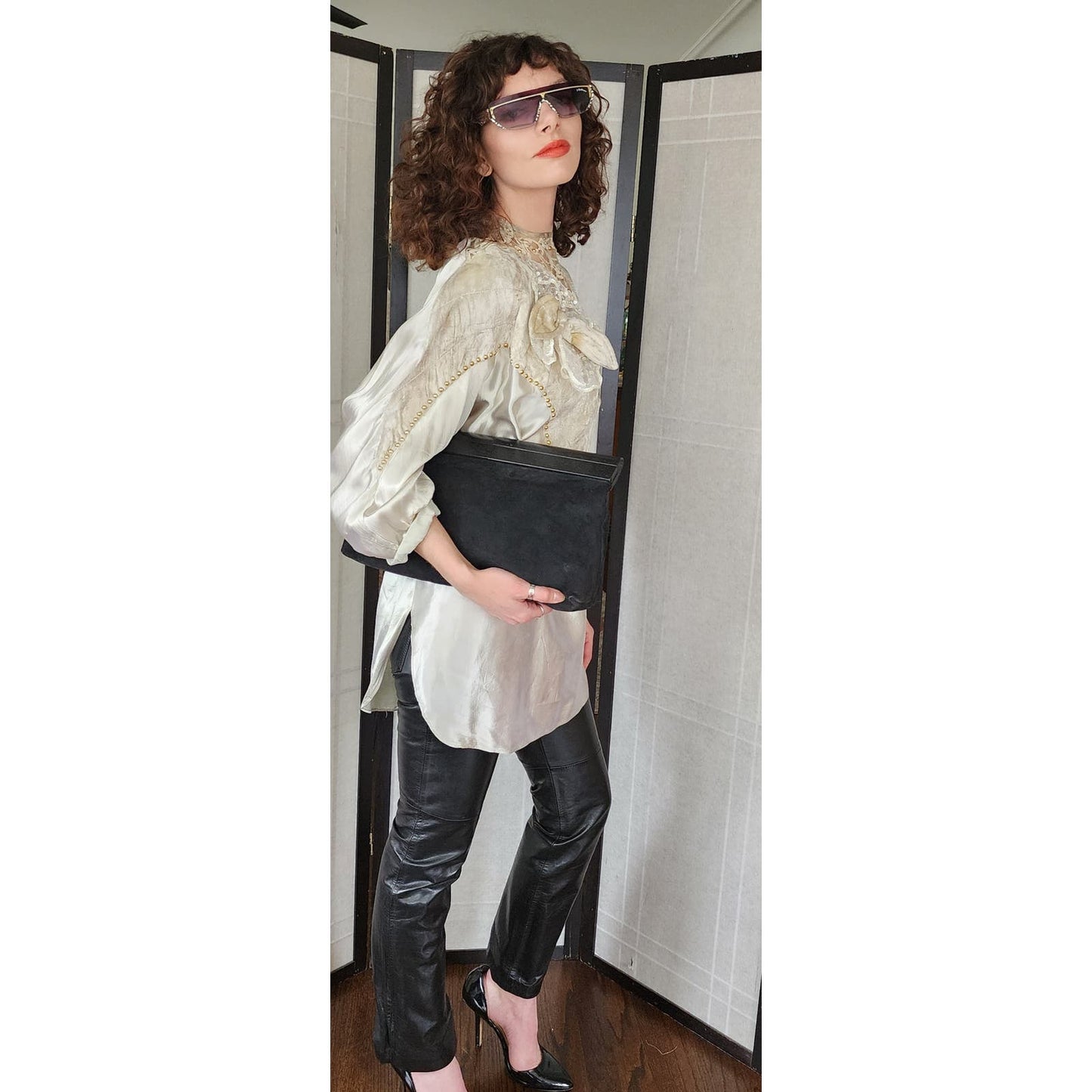 Vintage Black Suede Clutch Bag w/Wood Saks Fifth Ave