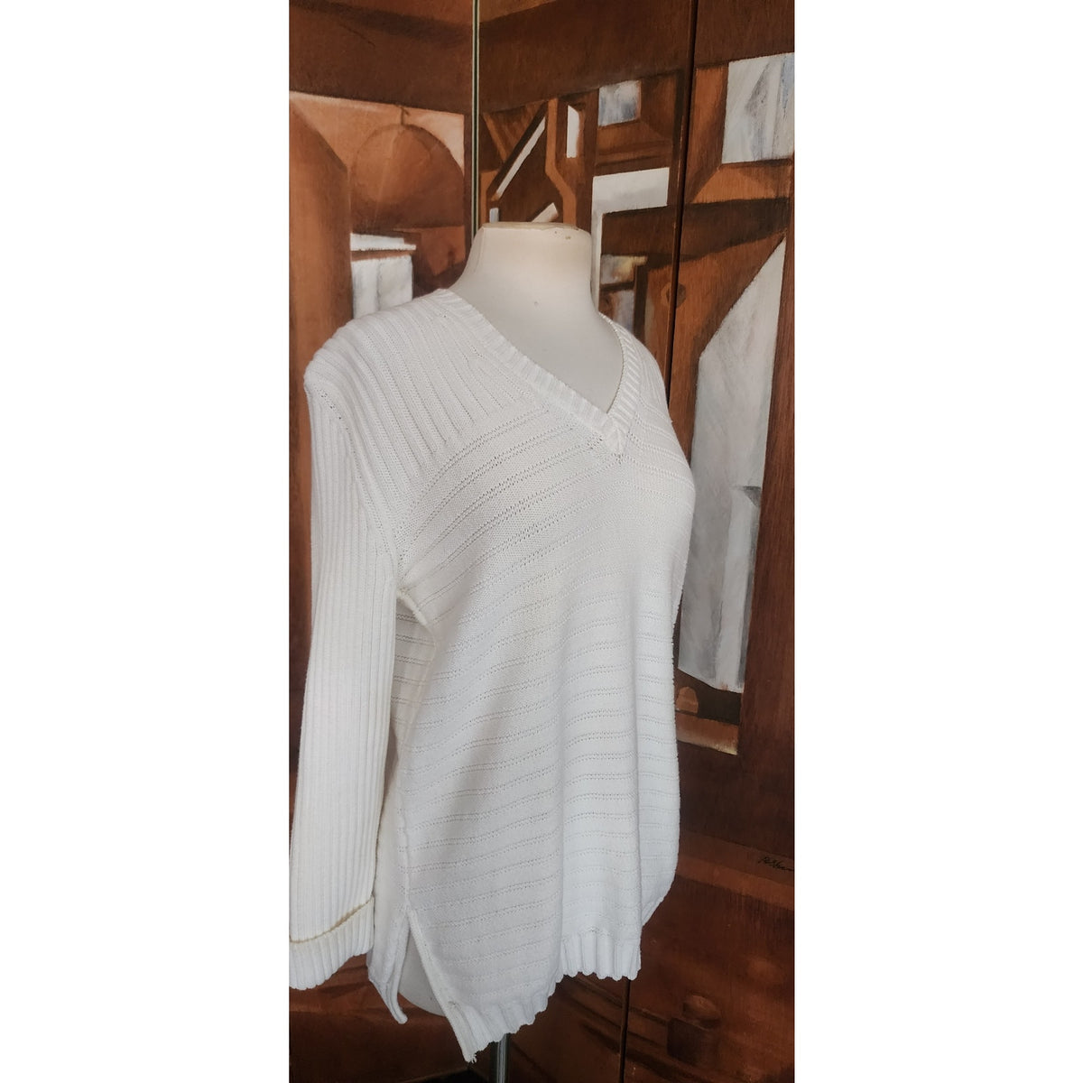 Vintage 1990s Sonia Rykiel Sweater White Knit V Neck Tunic Jumper Textured Stripe Oversized