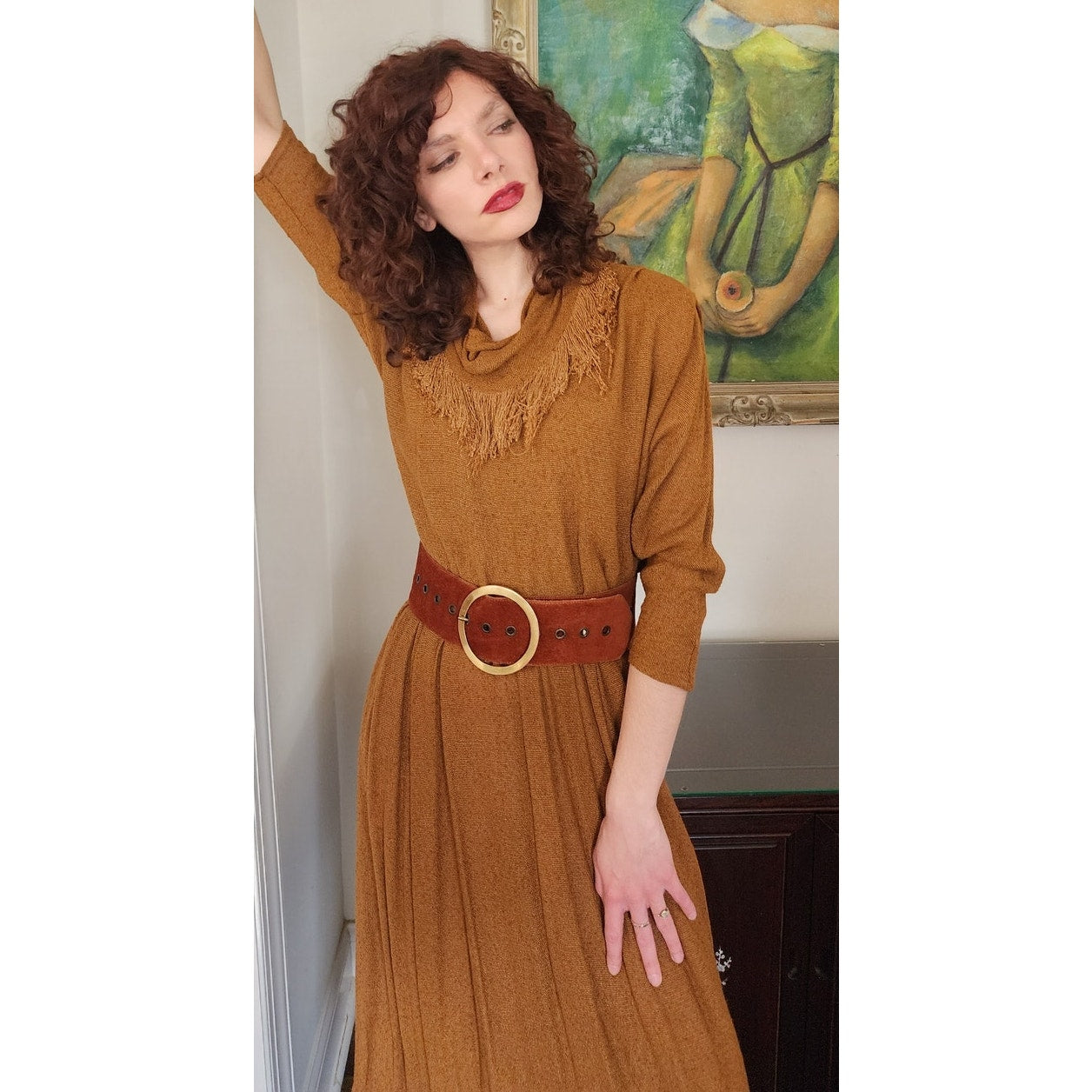 Vintage 80s Brown Dress Fringed Cowl Collar Mad Max Distopia Positive Attitude