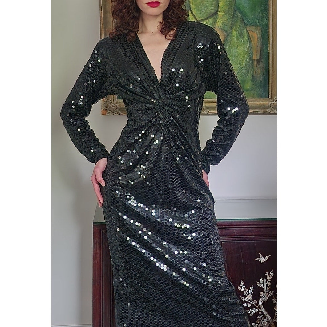 Vintage 80s Black Sequined Evening Dress Oleg Cassini / M