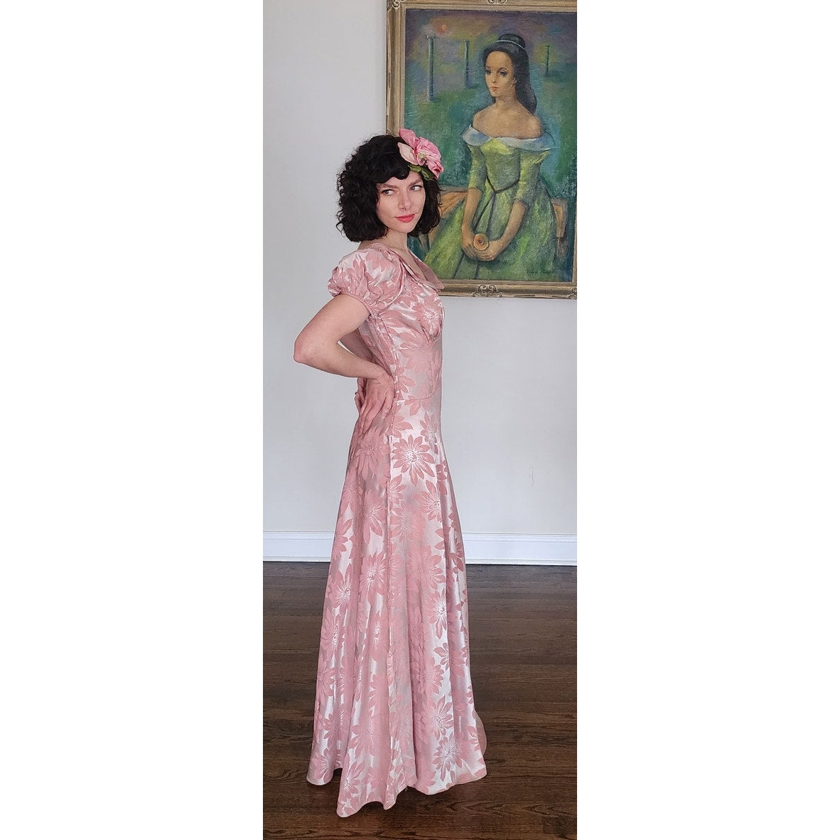 Vintage 30s Vintage Pink Floral Satin Evening Gown Old Hollywood Prom Dress