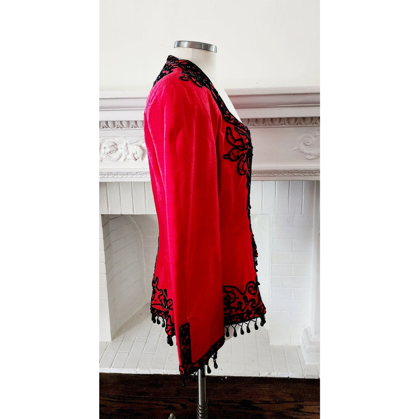 Vintage 80s Victor Costa Blazer Red Silk Black Beads Large