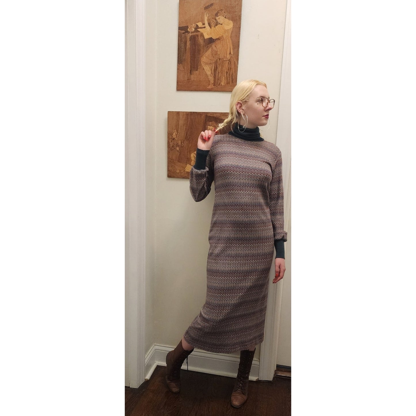 Vintage 70s MISSONI Knit Dress Long Sleeved Turtleneck Zigzag Pattern