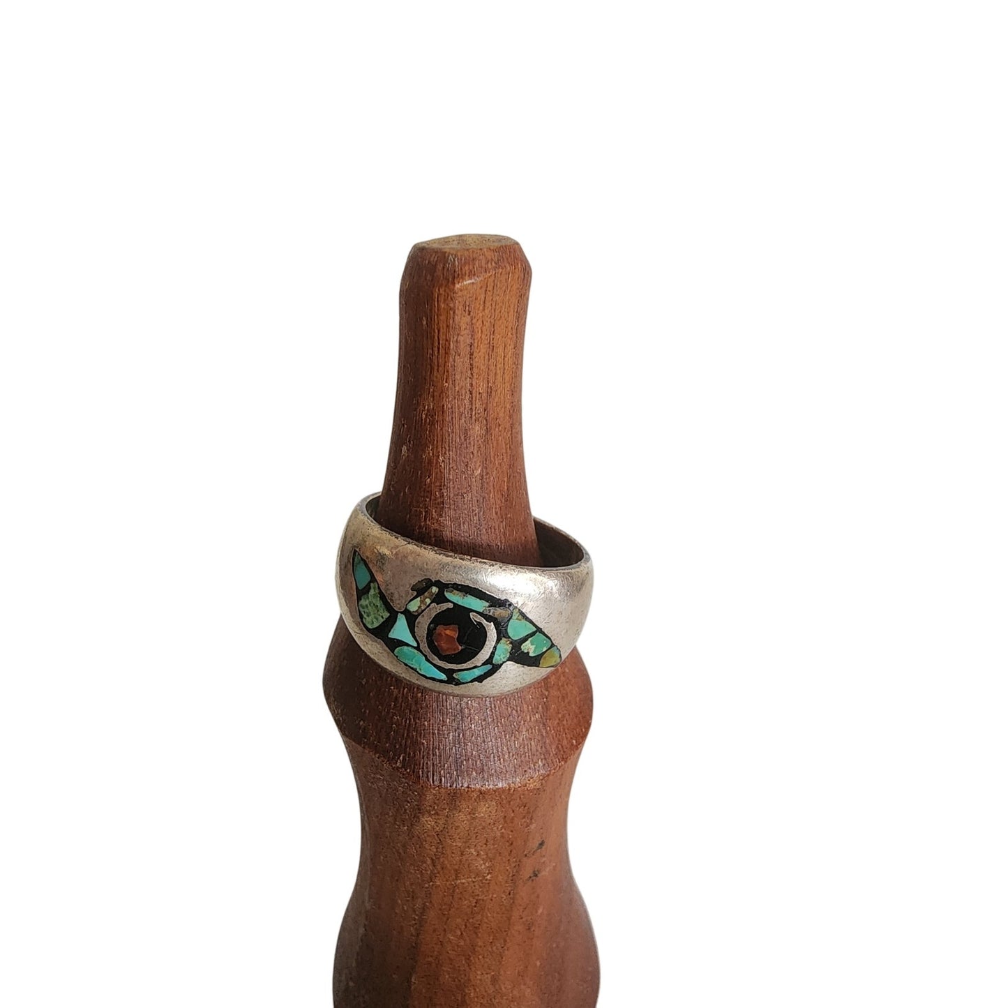 Vintage Mens Southwestern Mosaic Inlay Band Ring Sterling Silver Turquoise Coral Multi-Stone Size 7 3/4