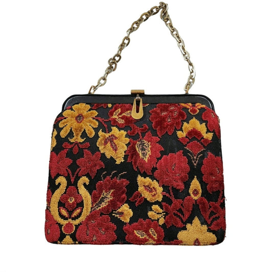 Vintage 60s Tapestry Weave Bag Burgundy Red Yellow Floral Brocade