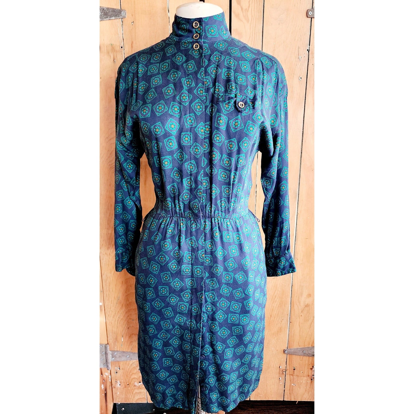 Vintage 80s Liz Claiborne Button Down Dress Green Blue Print