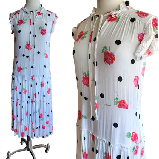 Vintage 80s Cotton Print Dress Polka Dots Red Roses