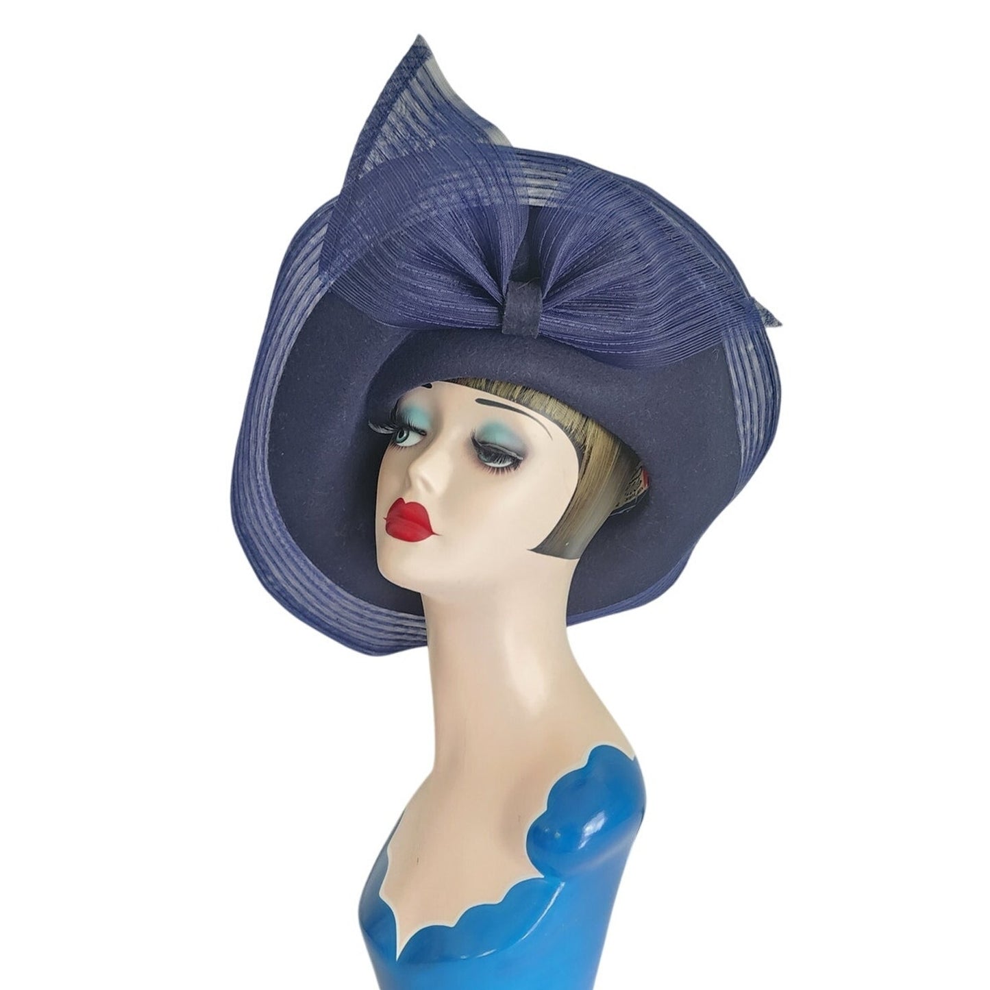 Vintage Navy Blue Hat in Wool & Mesh Oversized Asymmetrical Mr John Classic