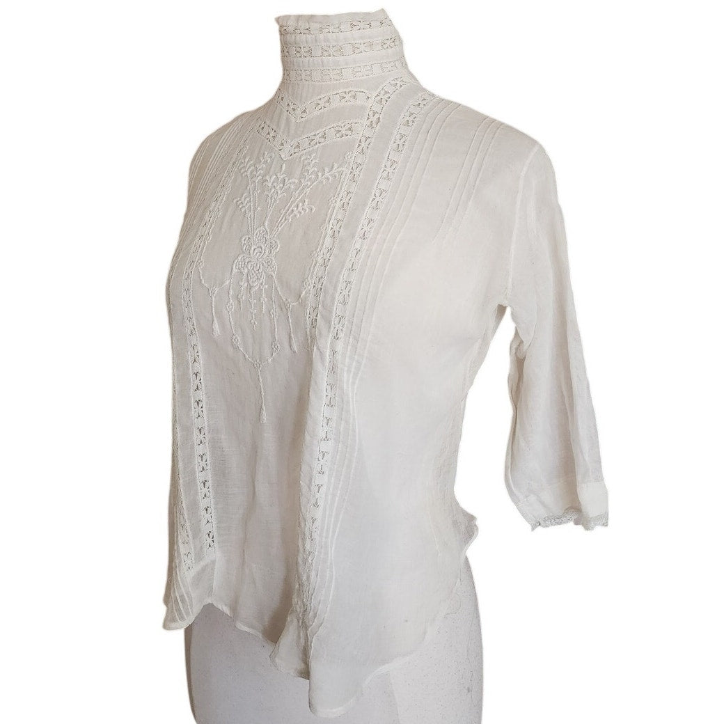 Antique Edwardian Blouse Embroidered White Cotton Lace High Neckline