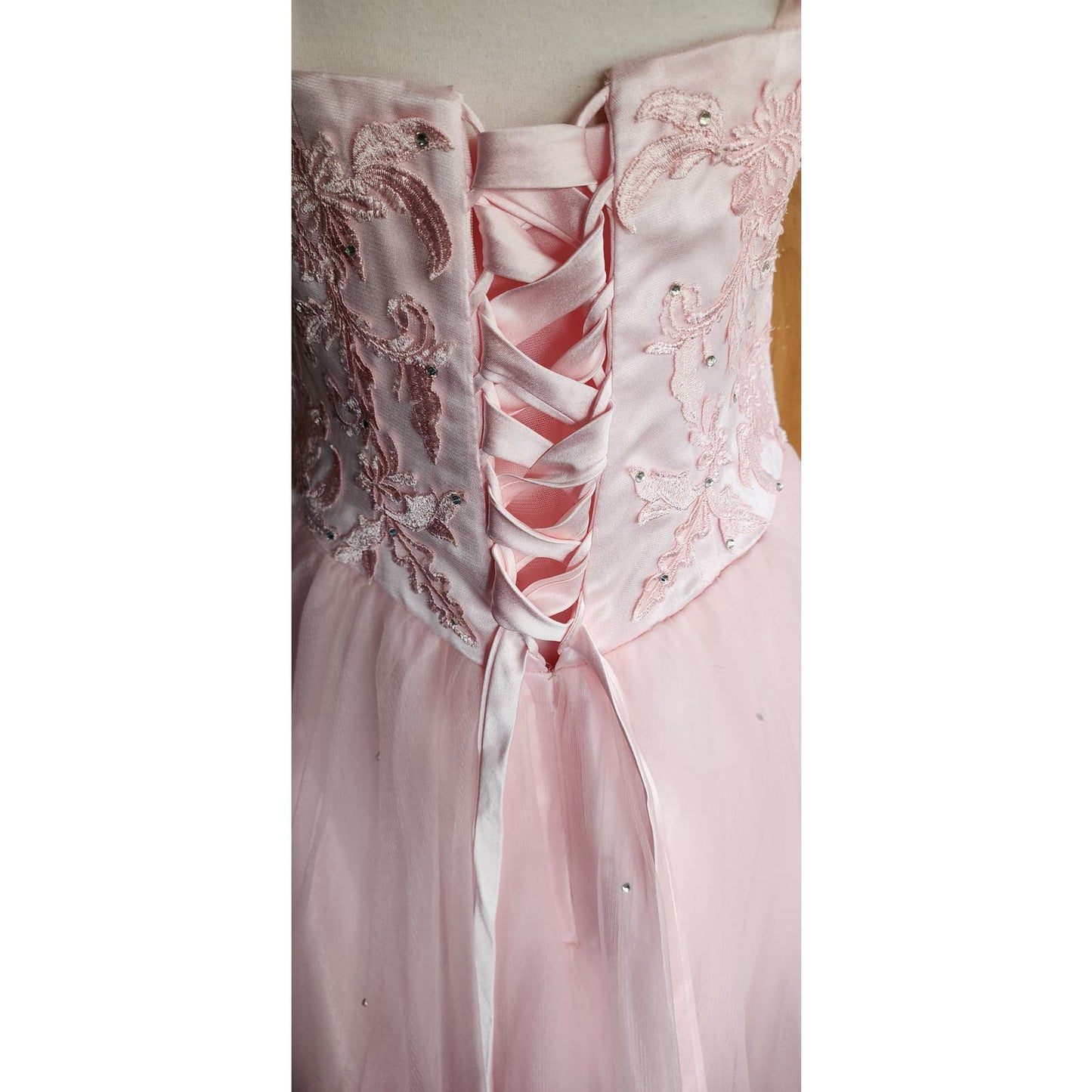 Y2K Era Pink Princess Dress Tulle Lace Embroidery Corset Lace Back Barbie