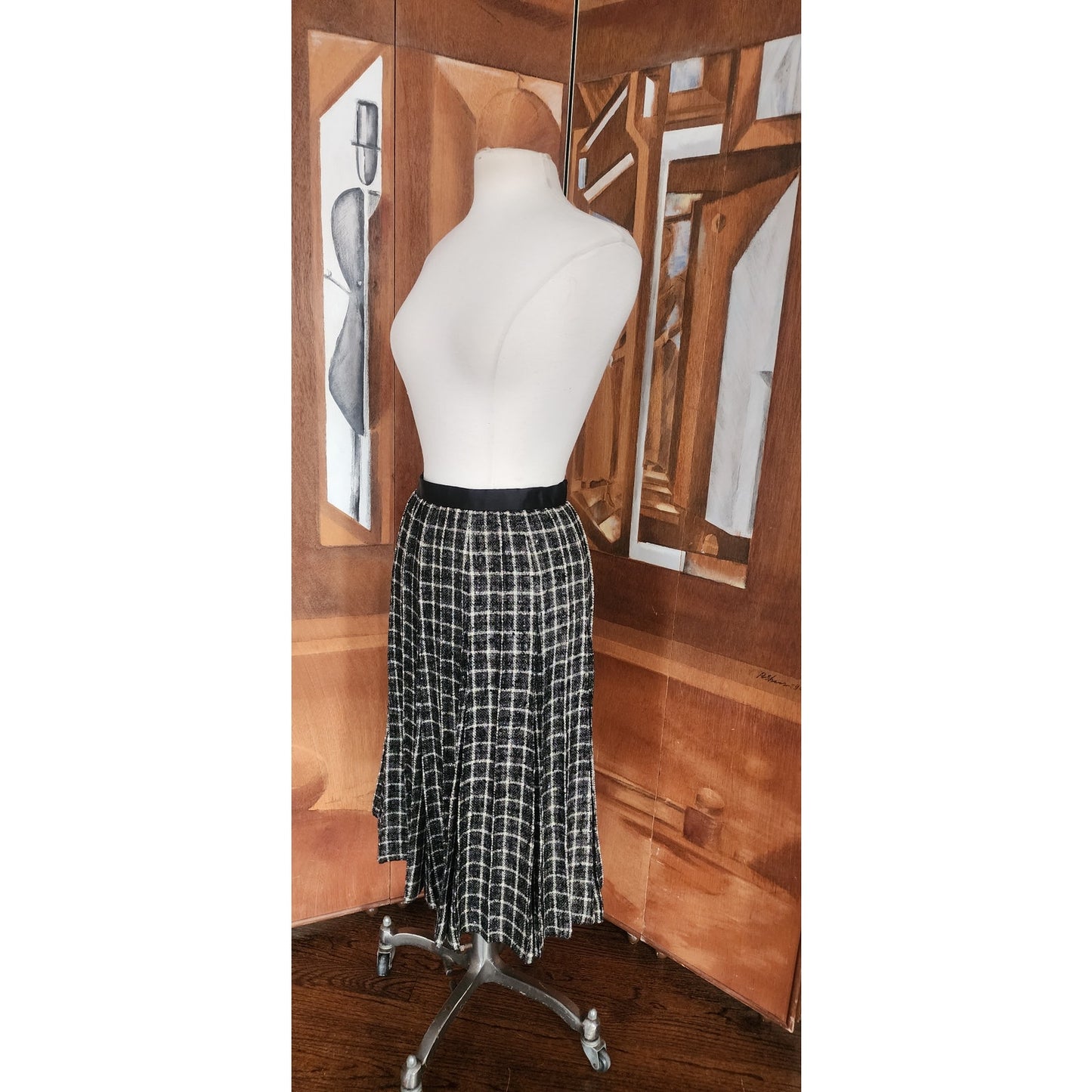 Vintage 60s Mod Suit Pleated Midi Skirt + Top Gray Black Wool Tweed