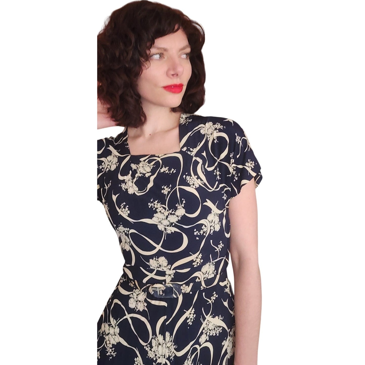 Vintage ORIGINAL 1940s Dress Leslie Fay Black Cream Floral Ribbon Rayon Midi Day