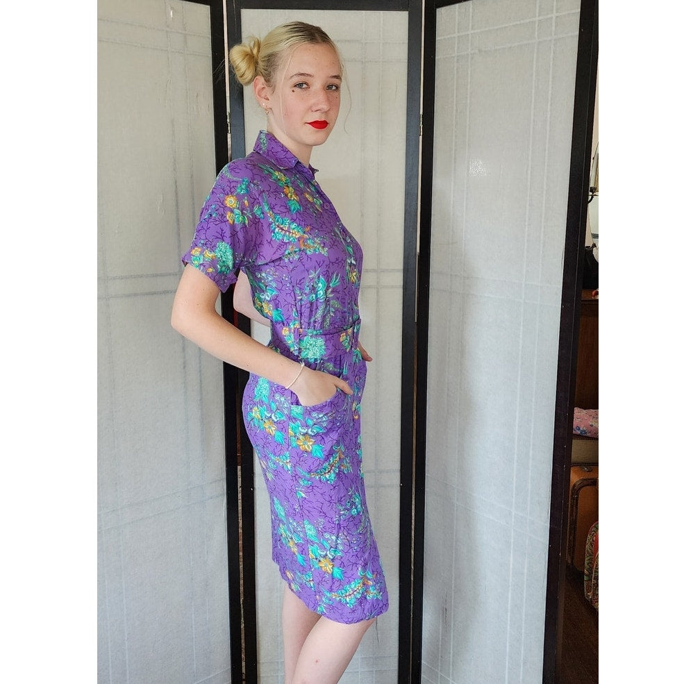 Vintage 80s Floral Print Dress Button Down Front