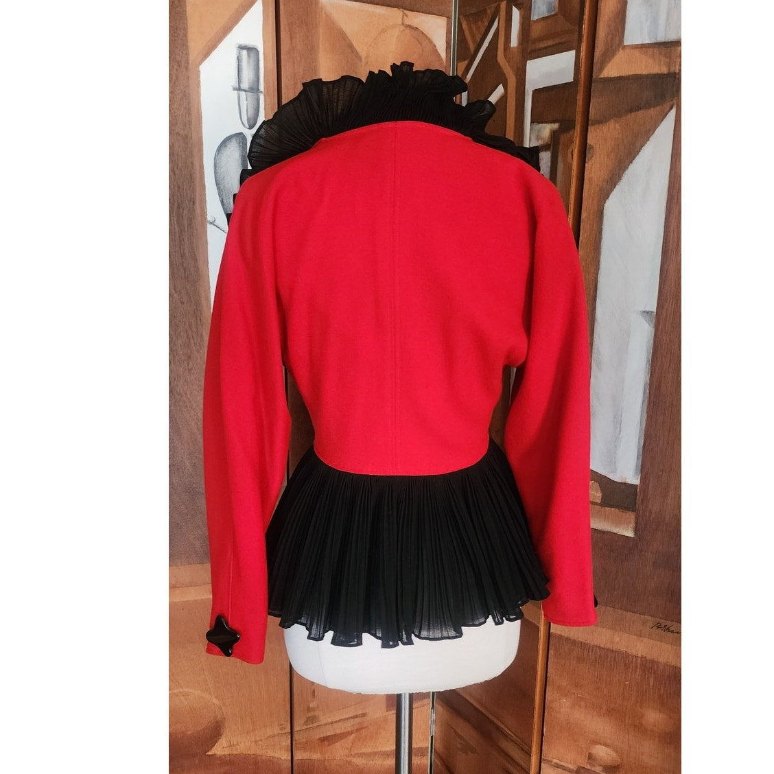 Vintage 1980s Jean Muir Jacket Red Black Ruffle Trim Evening Blazer