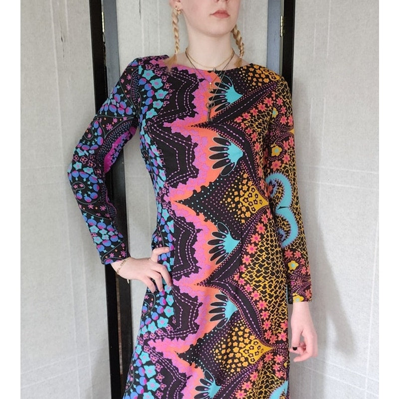 Vintage Psychedelic Print Dress Long Sleeve