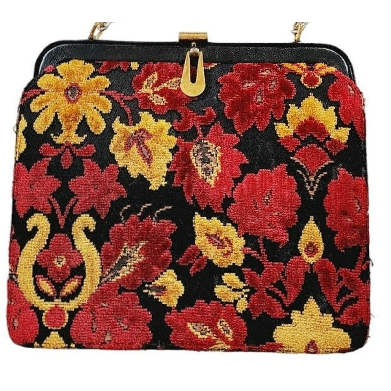 Vintage 60s Tapestry Weave Bag Burgundy Red Yellow Floral Brocade