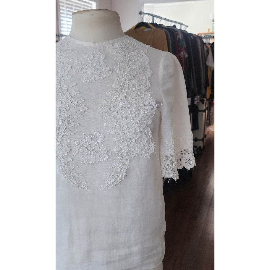 Vintage White Linen Blouse w/Lace Applique / S-M