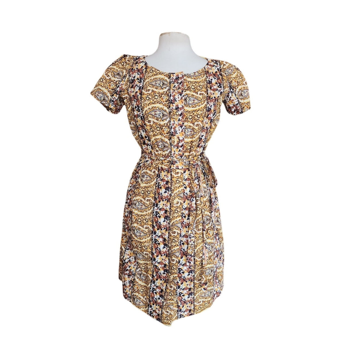 Vintage 1950s Day Dress Yellow Cotton Print Paisley Shirtdress Short Sleeve / M