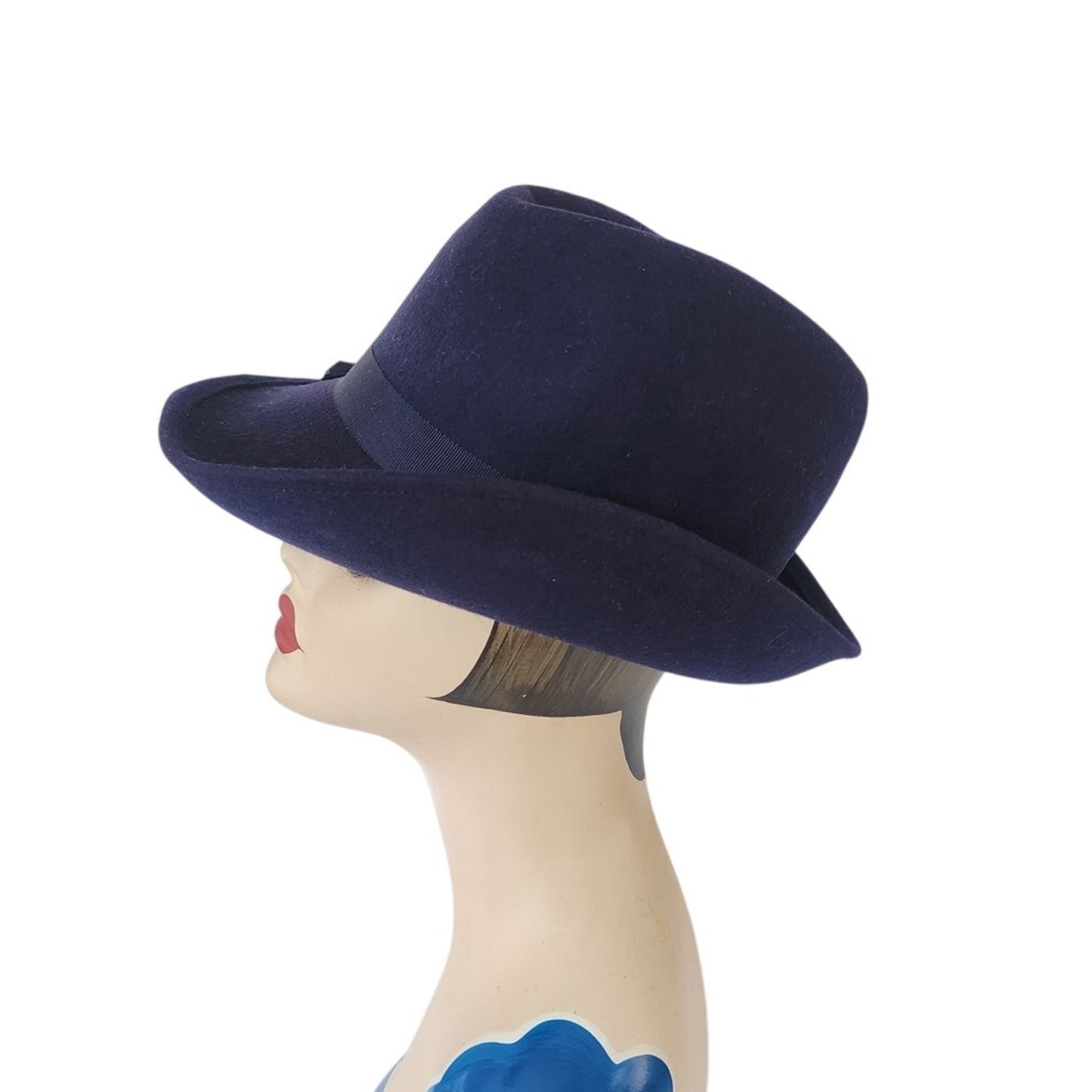 Vintage 70s Ladies Fedora Hat Blue Wool w/Feather Tally-Ho