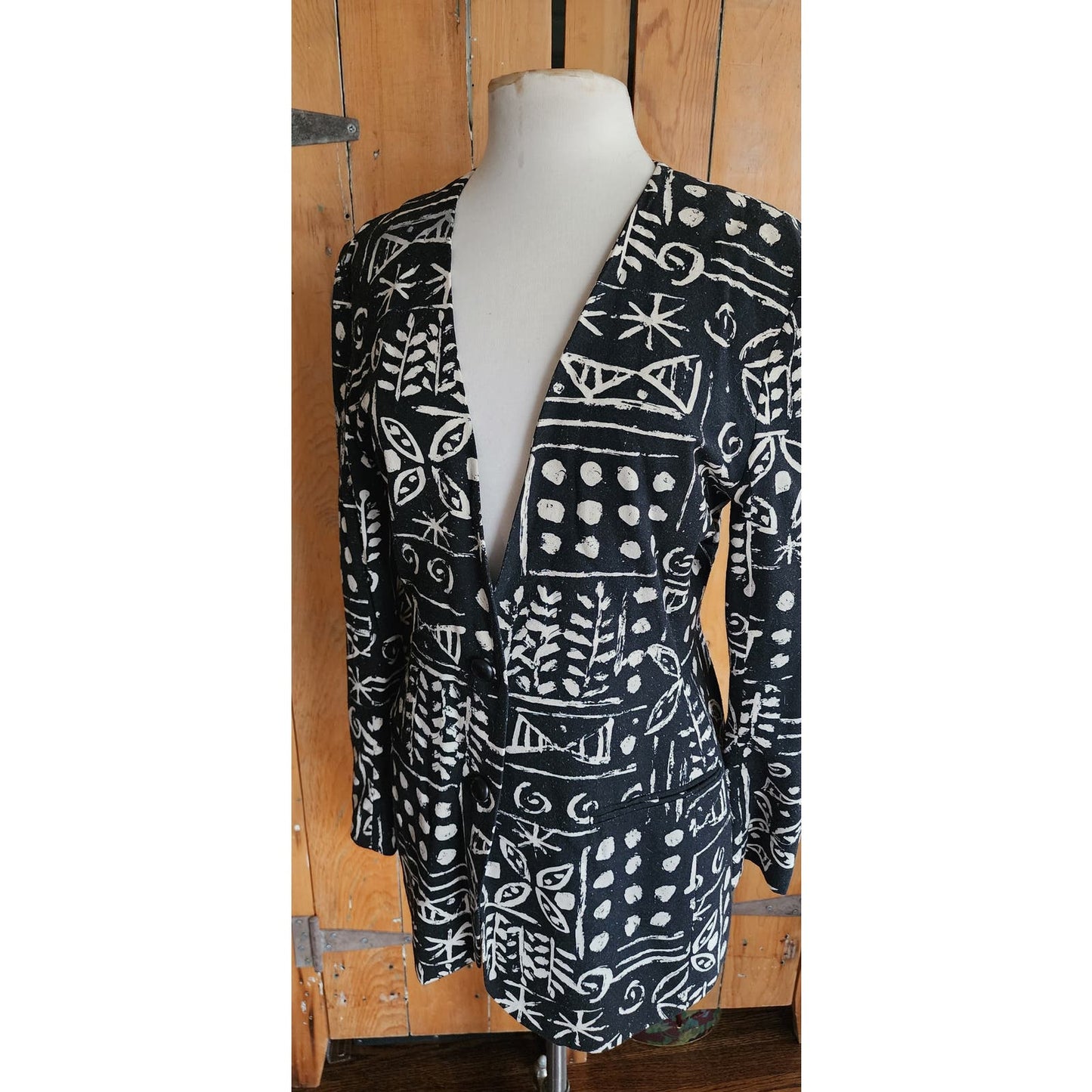 Vintage 80s Blazer Black White Bold Graphic Print Raw Silk