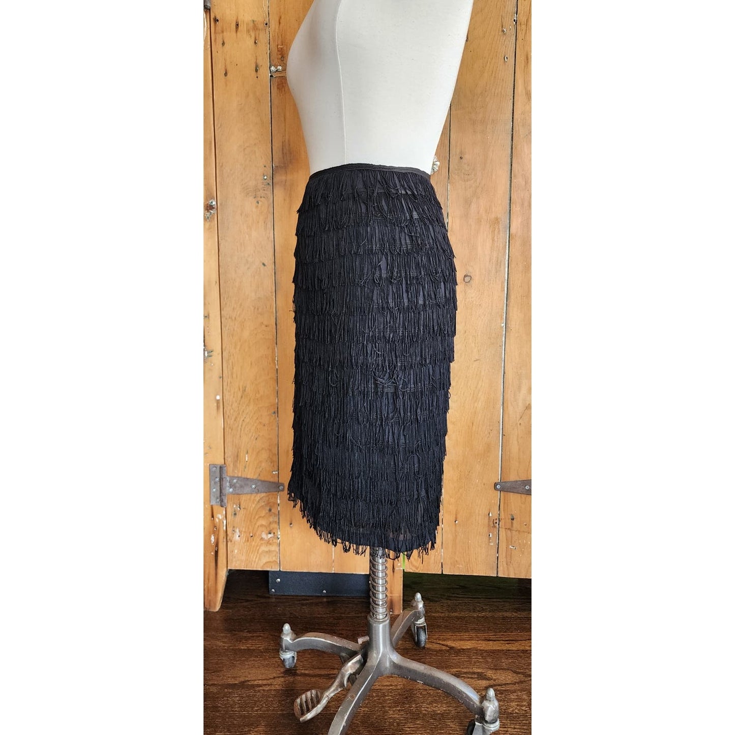 Vintage Y2K Black Fringed Skirt Knee Length Trina Turk