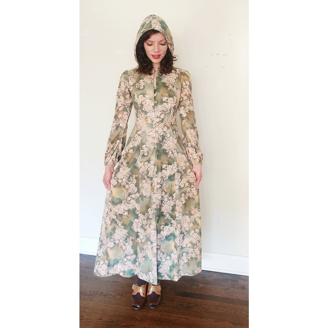 Vintage 1970s Kristie Lou Dress Hooded Floral Maxi Long Sleeve Woodland Fairy