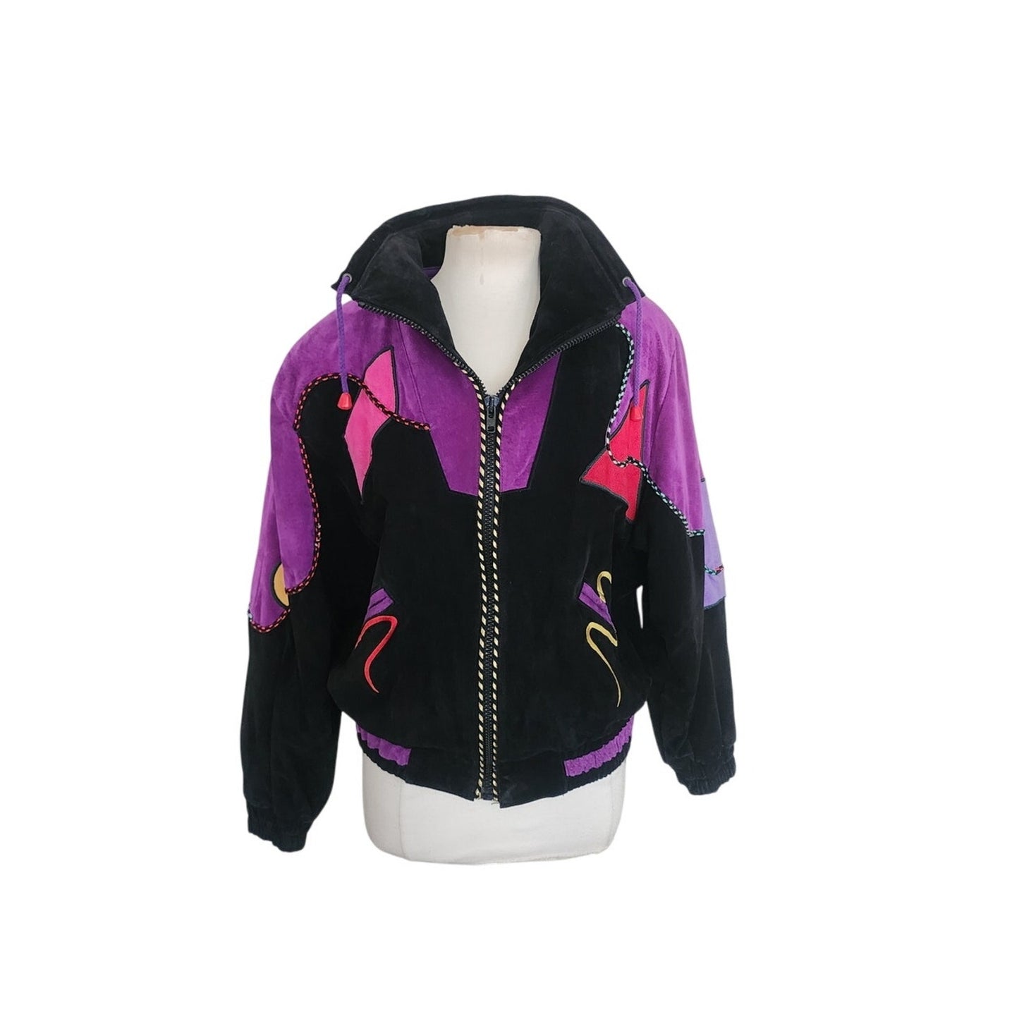 Vintage 80s Suede Bomber Jacket Multicolored Patchwork Applique Mesa Ridge M