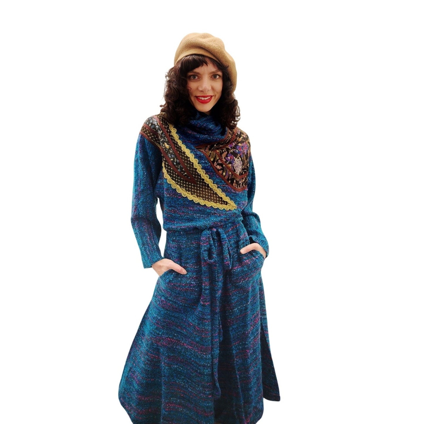 Vintage 80s KOOS VAN DER AKKER Dress Blue Green Knit Floral Applique Gold Trim