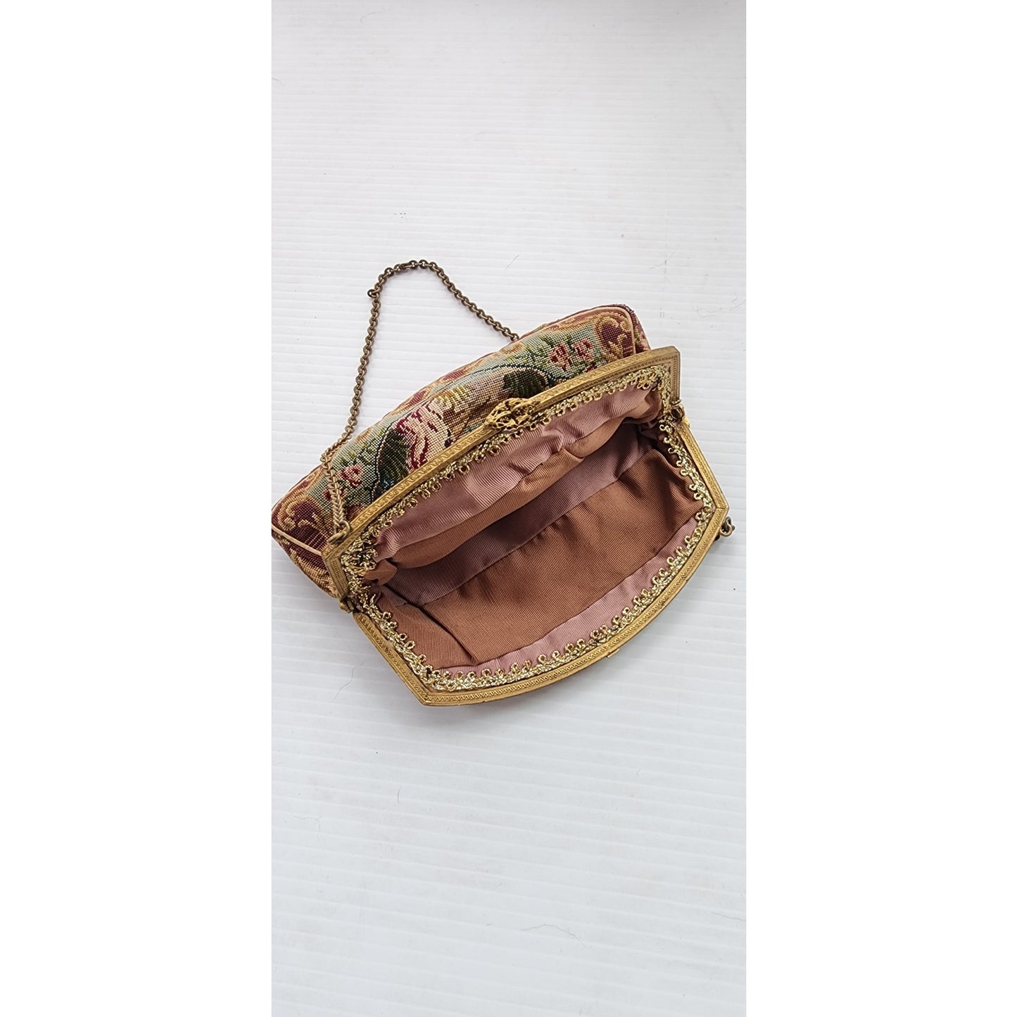 Antique French Handbag Tapestry Weave w/Enameled Frame Pastoral Rococo