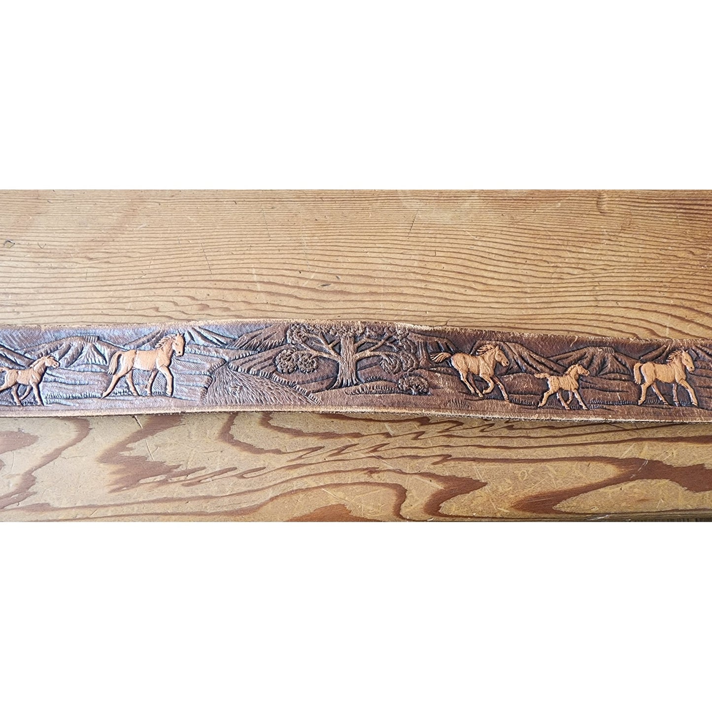 Vintage 1970s The Rowel Brown Belt Tooled Leather Horses Trees Cowboy Western