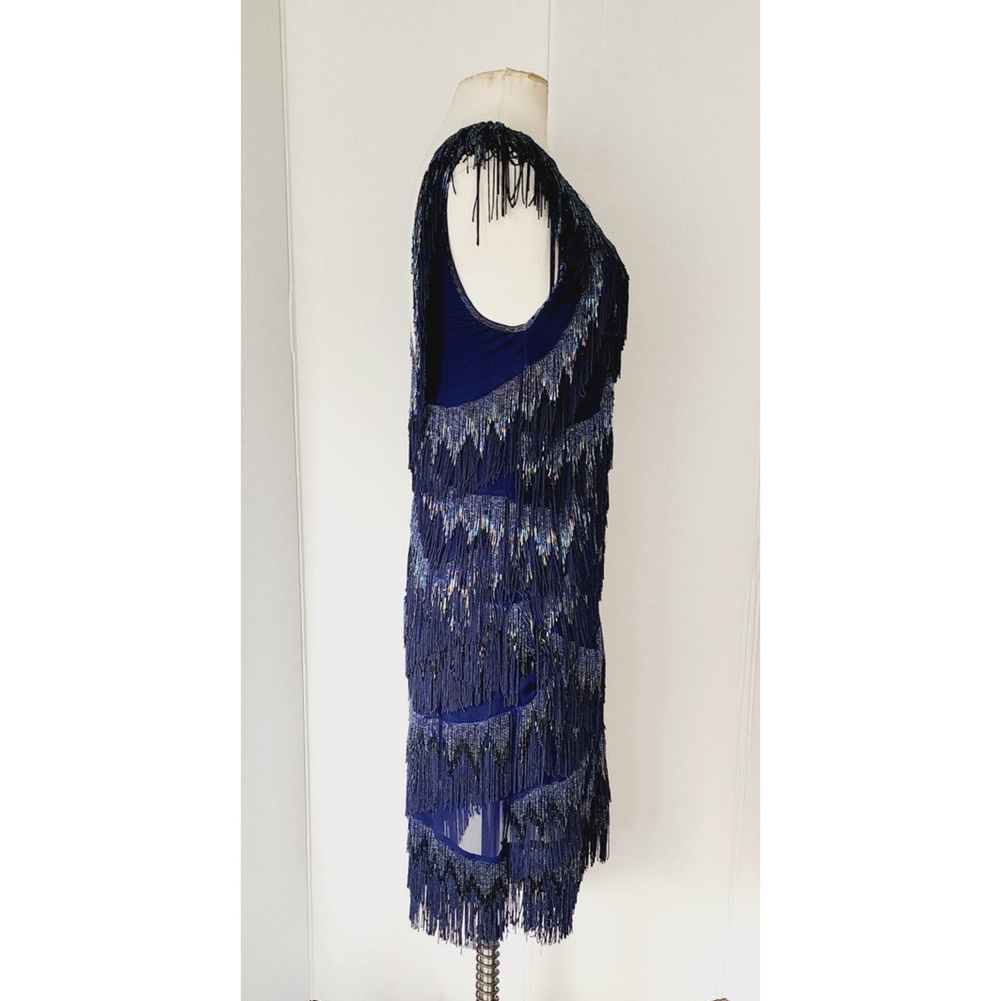 Vintage 2000s Blue Beaded Dress Silk Fringe Flapper Style / Medium