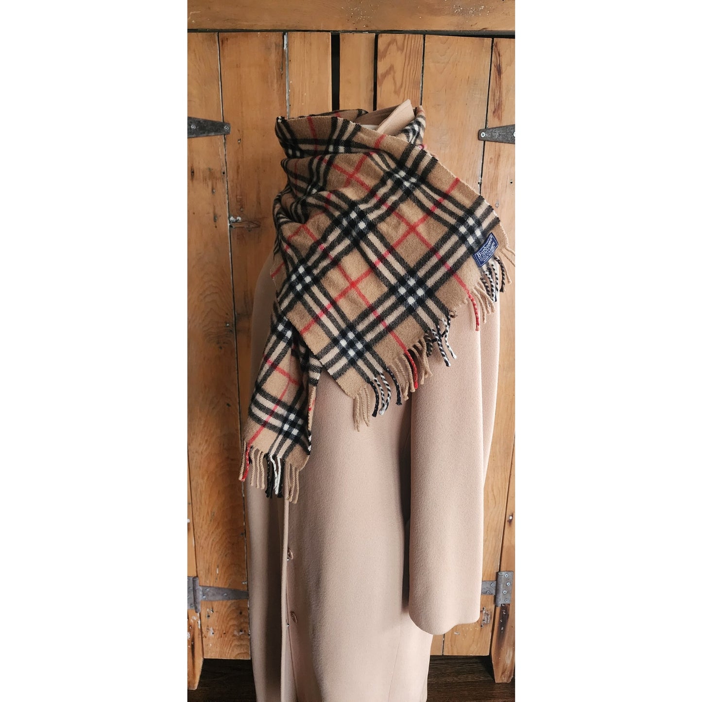 Vintage 1980s Burberrys Cashmere Scarf Beige Plaid Nova Check Fringed