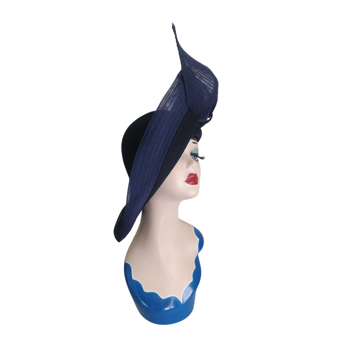 Vintage Navy Blue Hat in Wool & Mesh Oversized Asymmetrical Mr John Classic