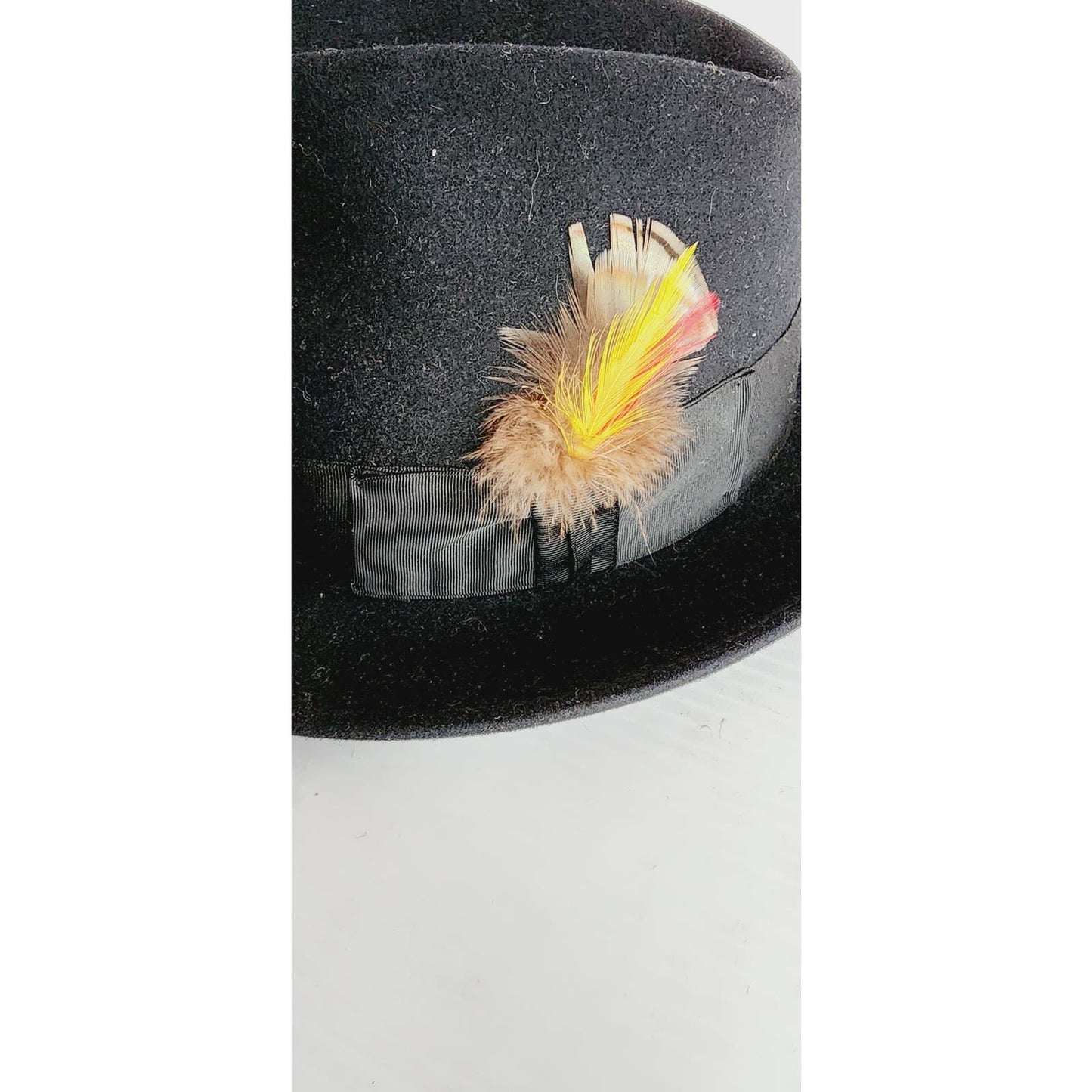 Vintage 60s Mens Fedora Stetson Hat Black Wool Orange Feather 7 3/8