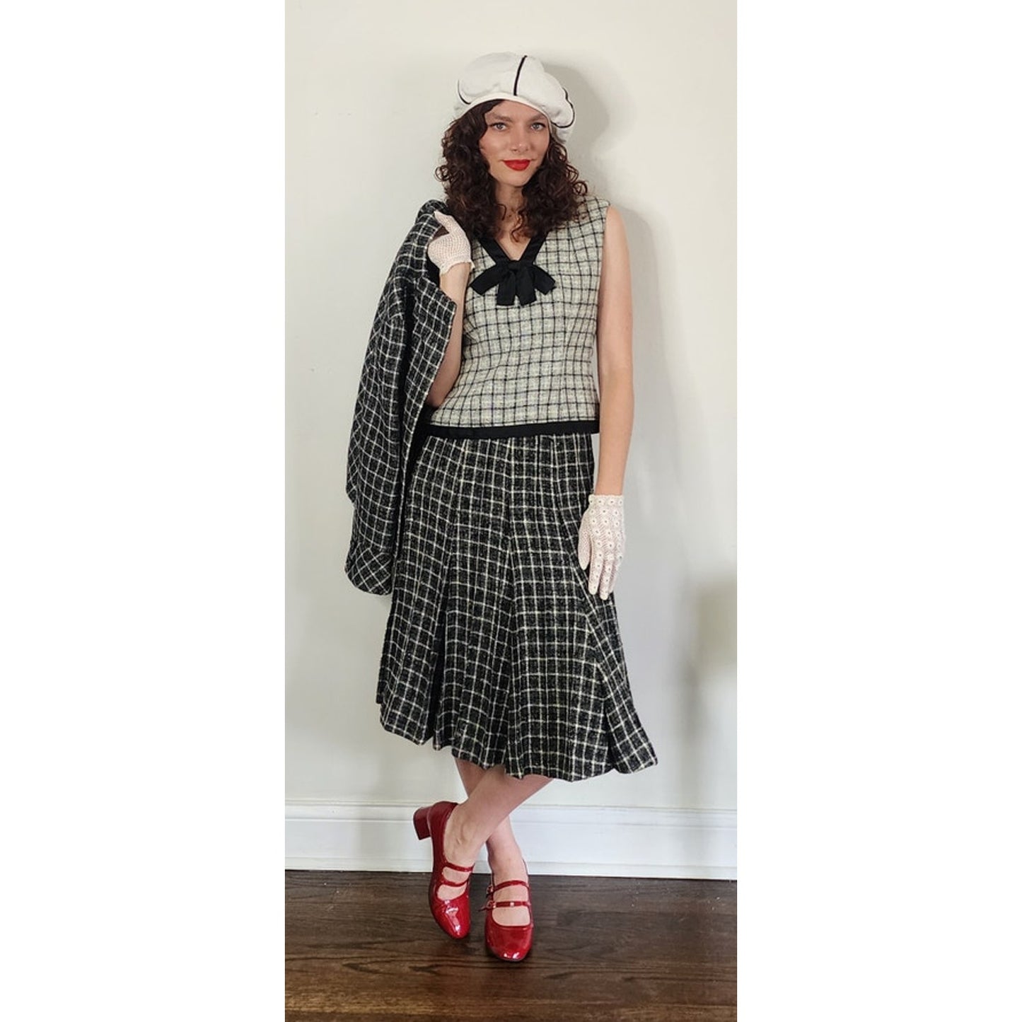 Vintage 1960s Mod Suit Pleated Midi Skirt + Top Gray Black Wool Tweed Geometric Schoolgirl