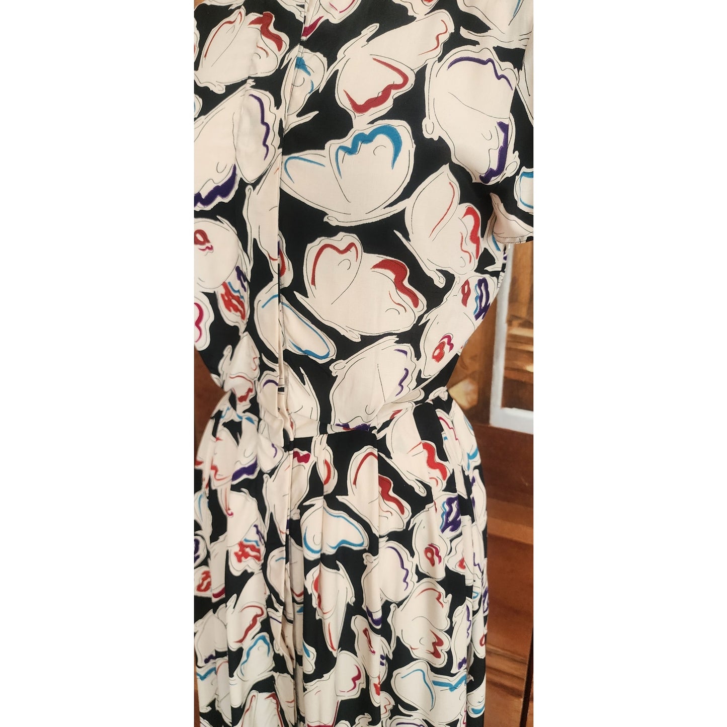 Vintage 1980s Krizia Dress Silk Puff Sleeve Open Back Geometric Abstract Midi
