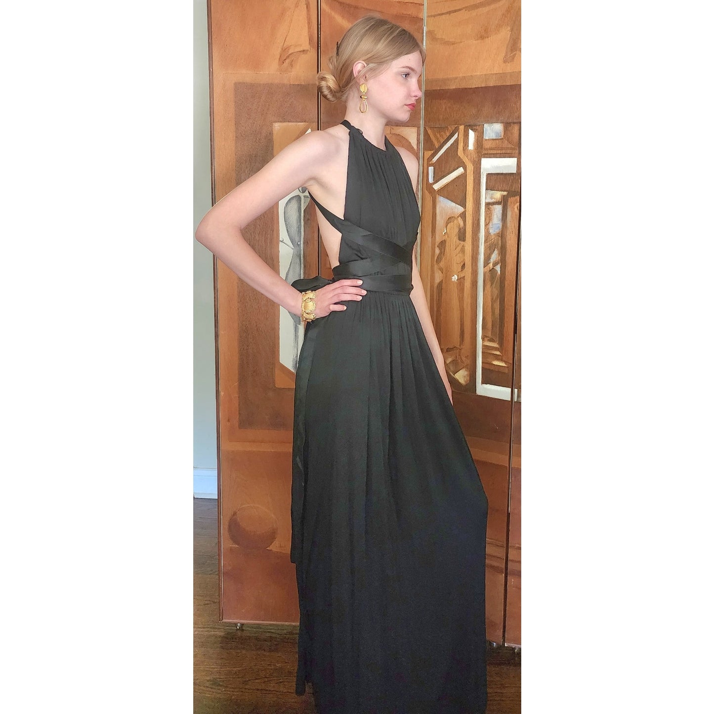 Vintage 70s Donald Brooks Eveing Dress Black Silk Jersey Halter Maxi Gown