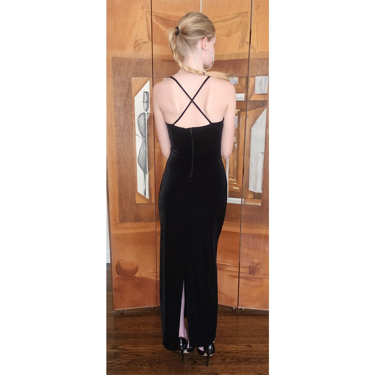 VTG 90s Y2K Aspeed Dress Black Velvet Rhinestone Studs Halter Maxi Gown Prom M
