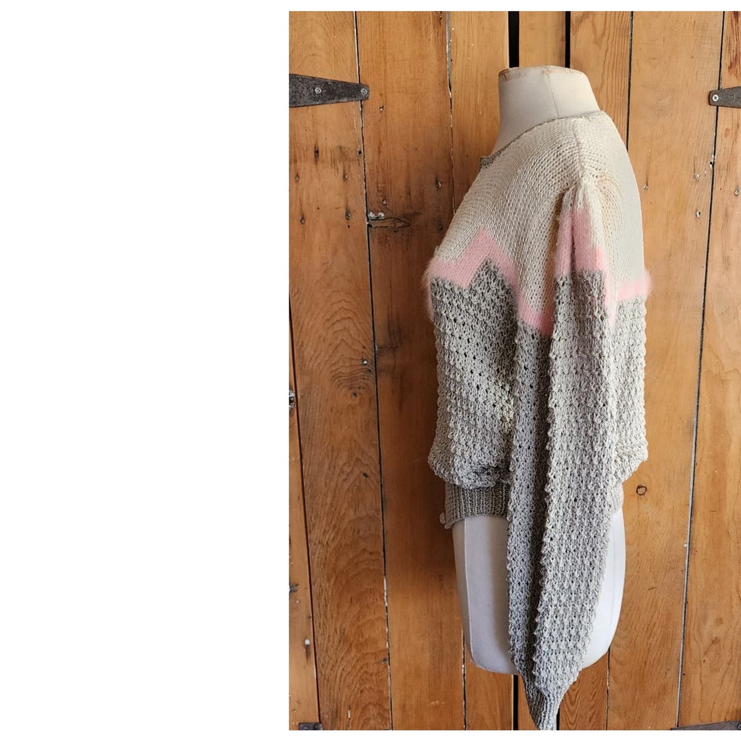 Vintage 80s Sweater Gray Pink Handknit Cardigan Acrylic Angora by Signatures