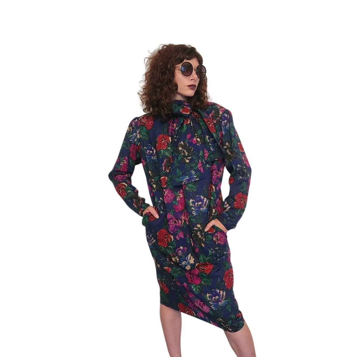 Vintage 1980s UNGARO Sac Dress Dark Floral Print Wool w/Sash Necktie / M