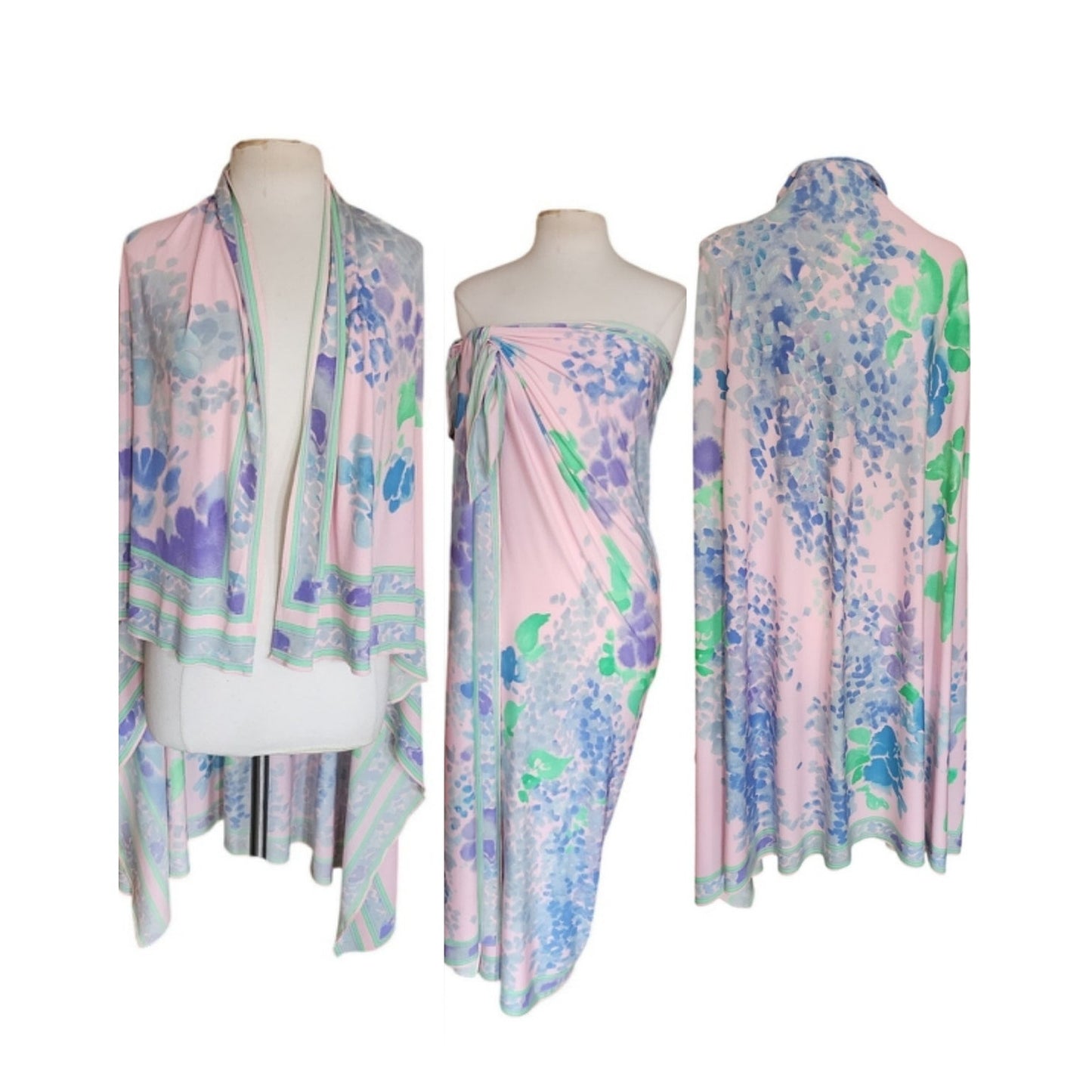 Vintage 70s LEONARD Silk Jersey Shawl Wrap Pastel Floral Print Impressionist