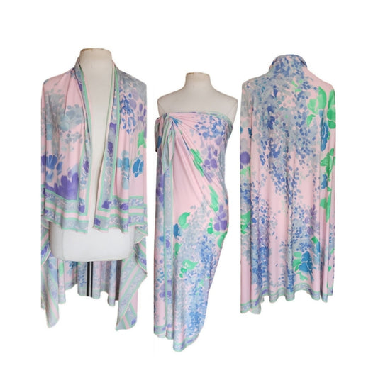 Vintage 70s LEONARD Silk Jersey Shawl Wrap Pastel Floral Print Impressionist