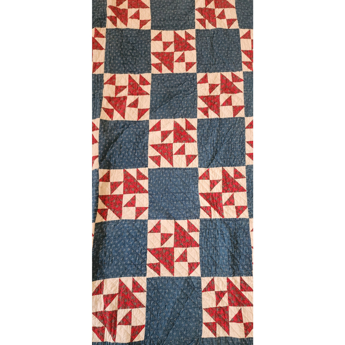 Antique American Quilt 1800s Old Maid's Puzzle Cotton Indigo Turkey Red Checkerboard