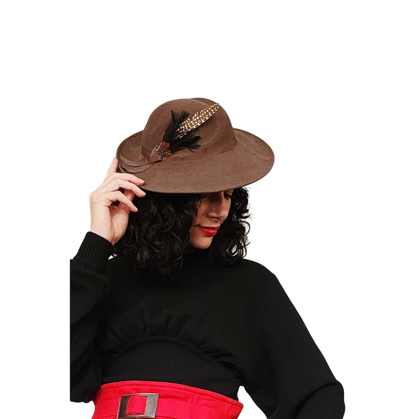 Vintage 1970s Brown Wool Ladies Hat w/Feather Wide Brim