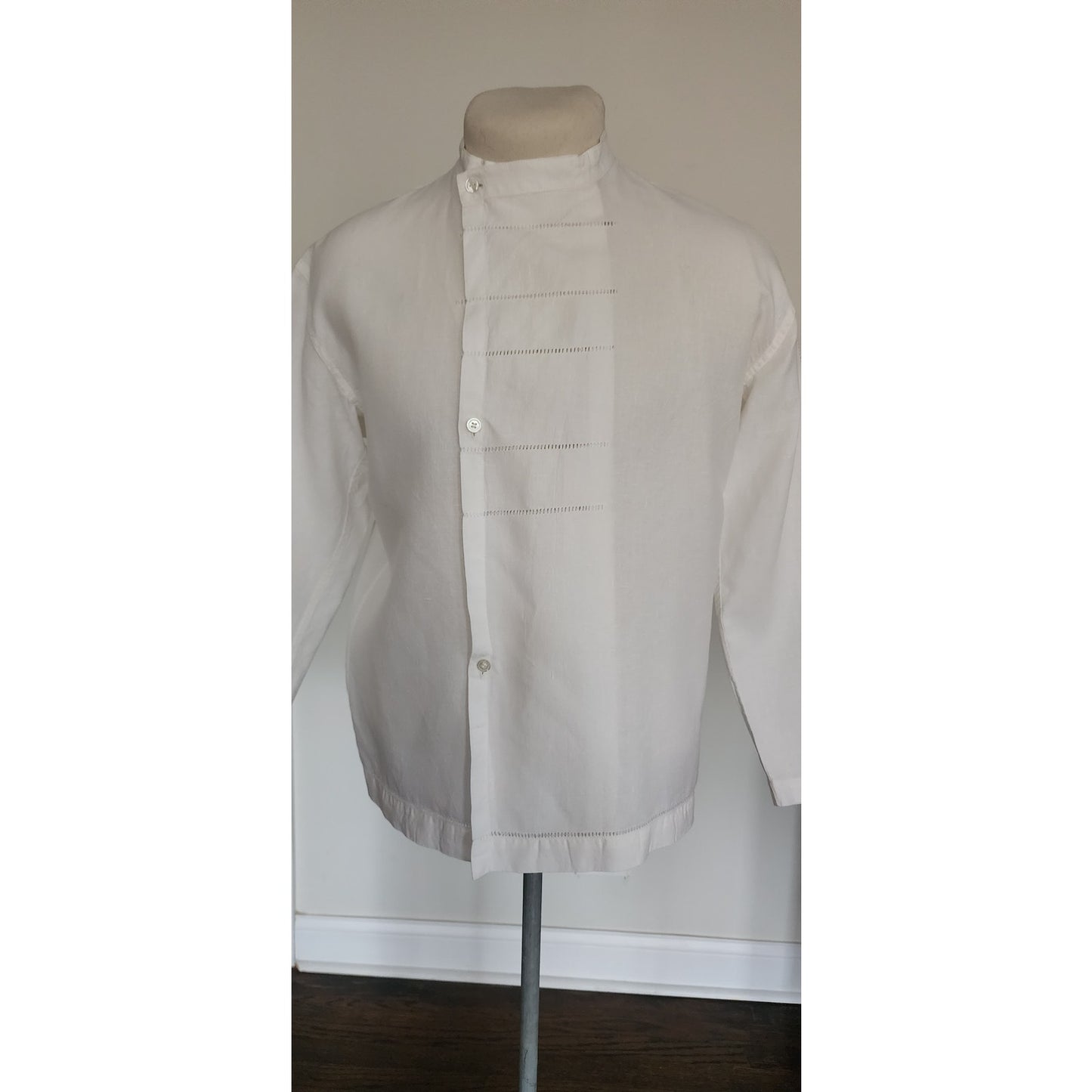 Vintage Issey Miyake Mens Shirt White Linen Button Down Asymmetrical Closure Mandarin Collar