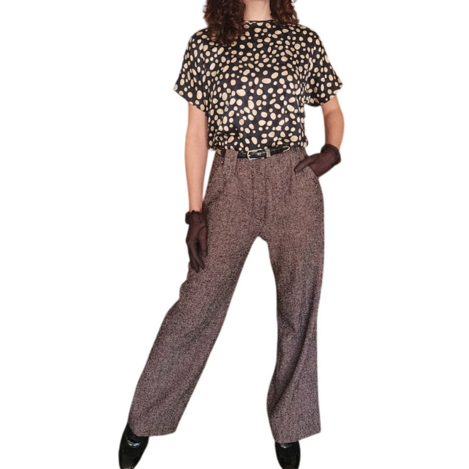 Vintage 1990s Sonia Rykiel Pants Brown Wool Tweed Flares Trousers Slacks Size 42