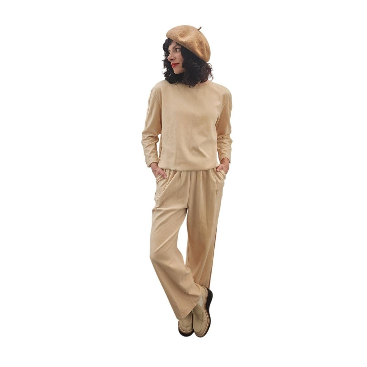 Vintage 1990s Sonia Rykiel Track Suit Beige Velour Gold Logo Buttons Top Pants